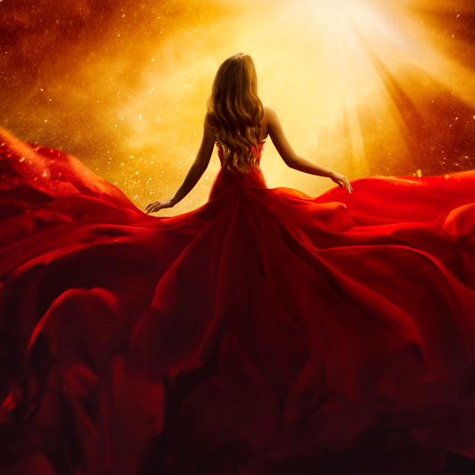 Woman in Red Dress looking towards the Sun